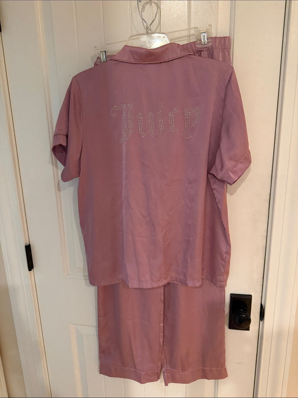Juicy Couture PJ Lounge Set Pink Satin Short Sleeve Notch Collar Top & Pants